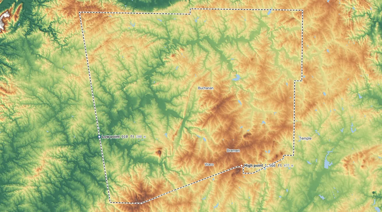 Topographic elevation map of Haralson County, Georgia, shaded from 910 ft on the west side to 1,566 ft on Reeds Mountain