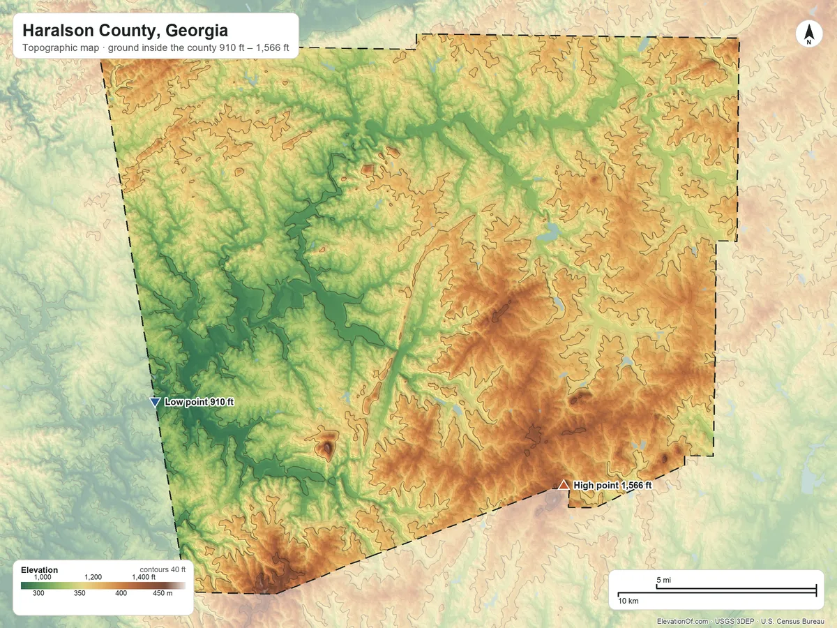 Topographic elevation map of Haralson County, Georgia, shaded from 910 ft on the west side to 1,566 ft on Reeds Mountain