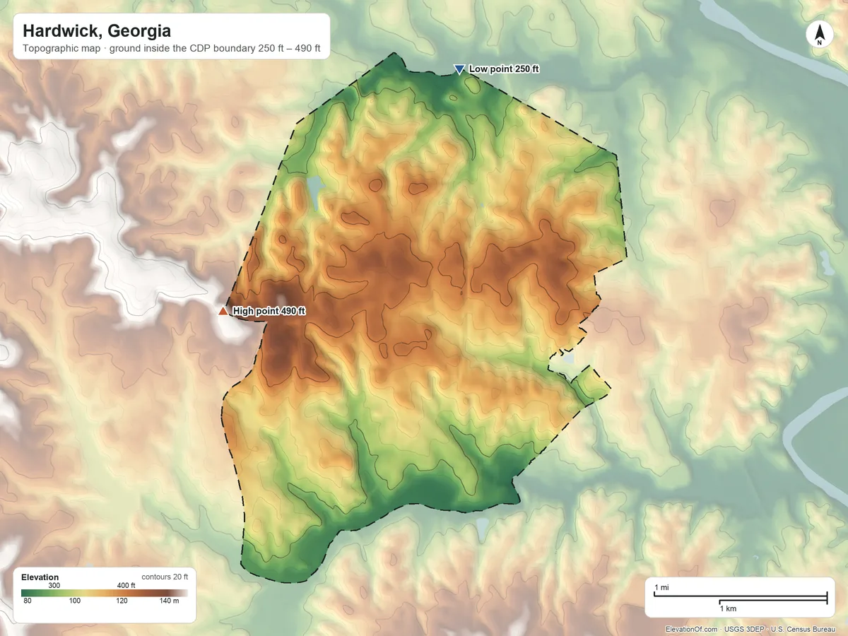 Topographic elevation map of Hardwick, Georgia, shaded from 250 ft on the north side to 490 ft on the west side