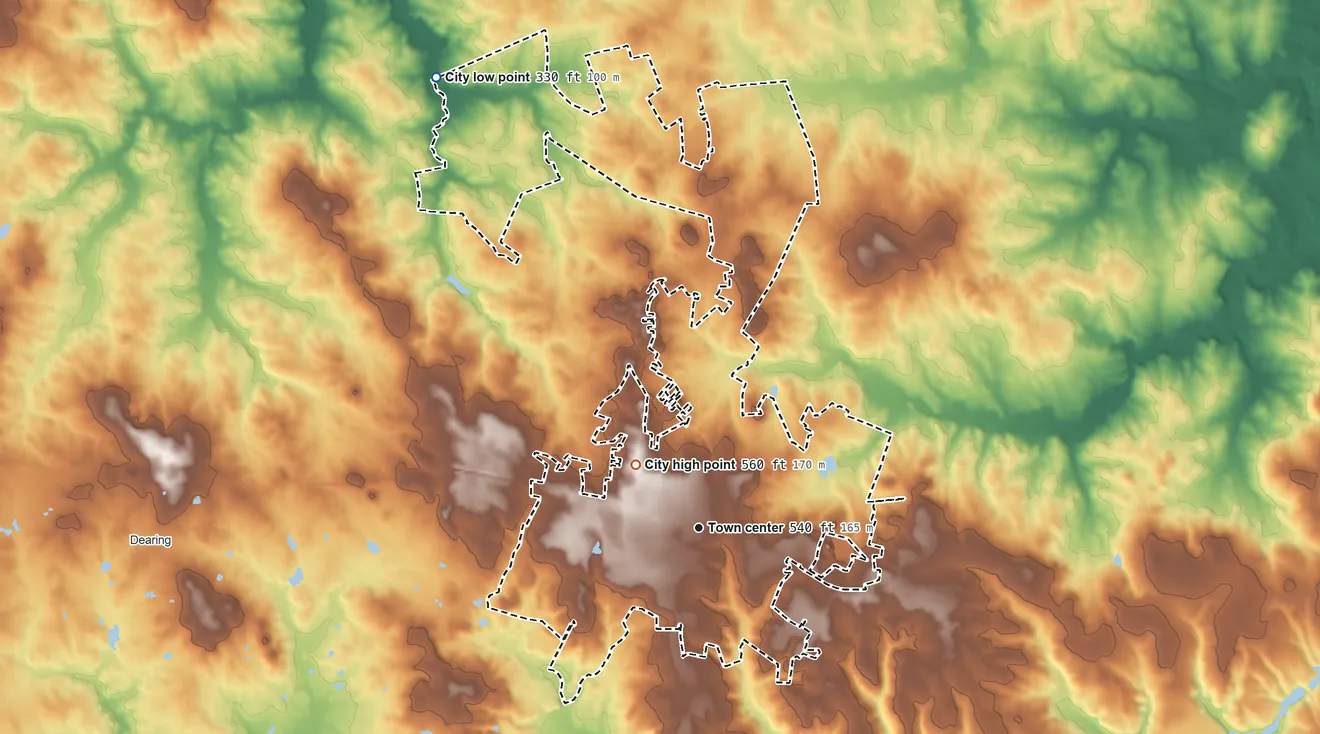 Topographic elevation map of Harlem, Georgia, shaded from 330 ft on the northwest side to 560 ft on the northwest side