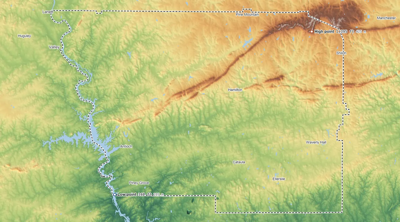 Topographic elevation map of Harris County, Georgia, shaded from 340 ft on the southwest side to 1,395 ft on Dowdell Knob