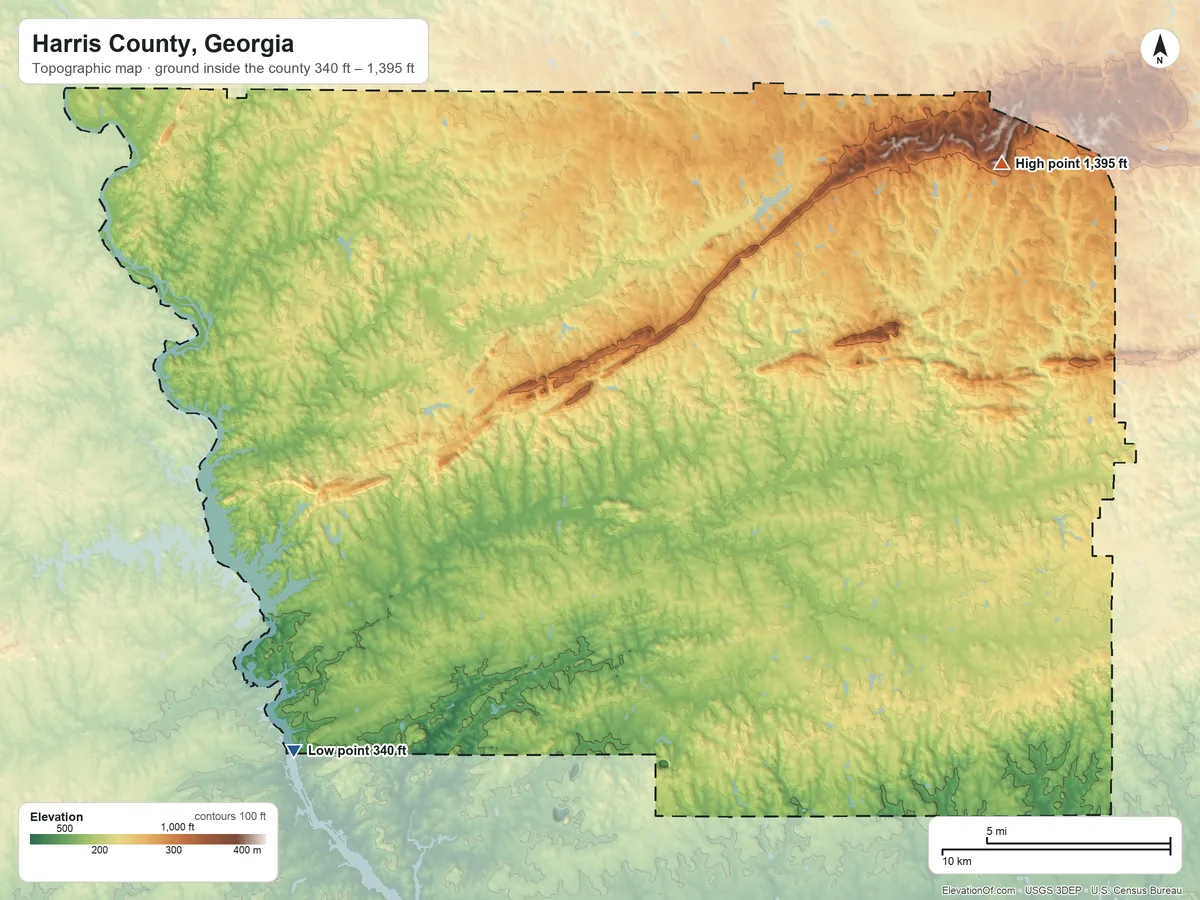 Topographic elevation map of Harris County, Georgia, shaded from 340 ft on the southwest side to 1,395 ft on Dowdell Knob