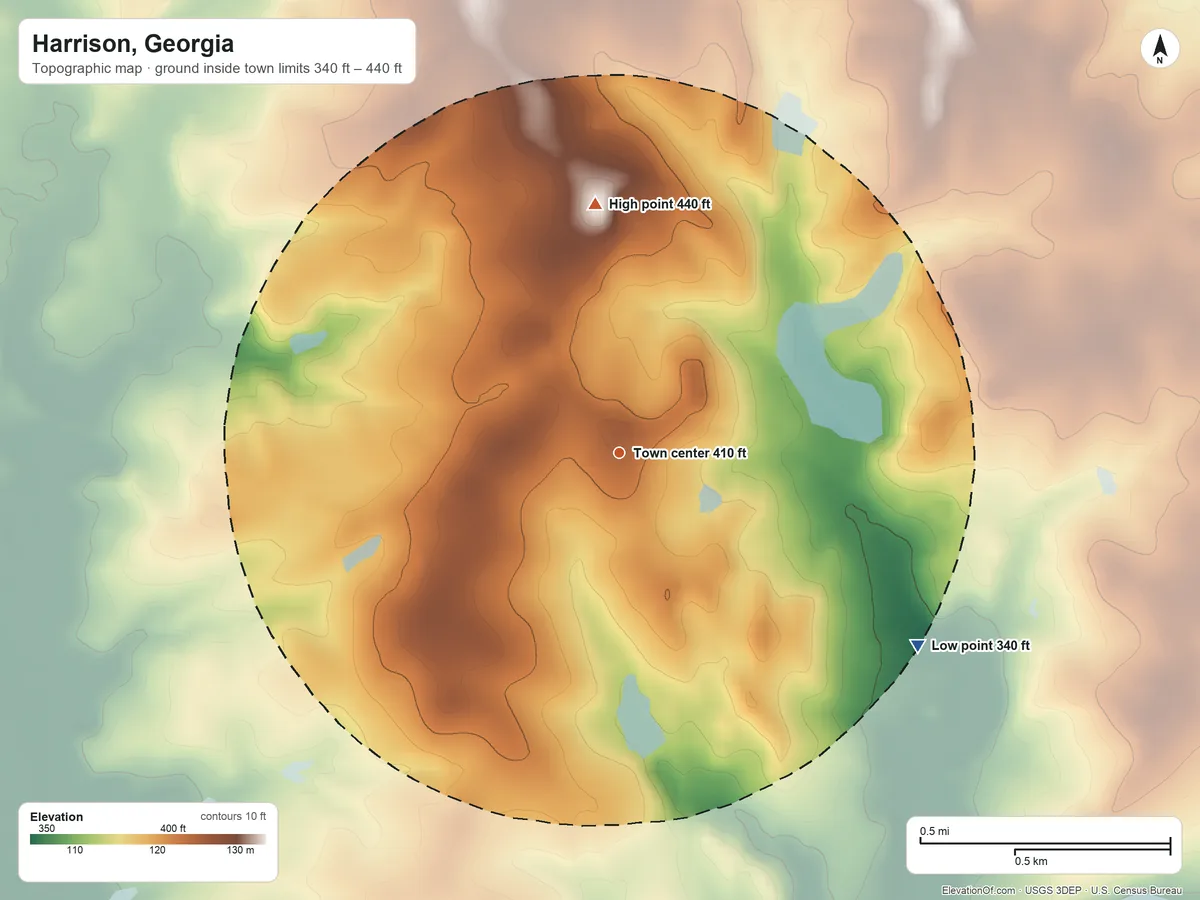Topographic elevation map of Harrison, Georgia, shaded from 340 ft on the southeast side to 440 ft on the north side