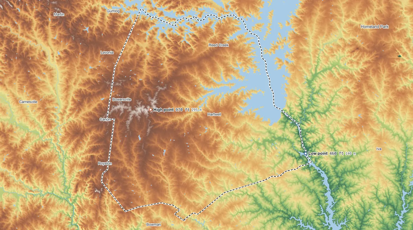 Topographic elevation map of Hart County, Georgia, shaded from 460 ft on the east side to 970 ft on the west side