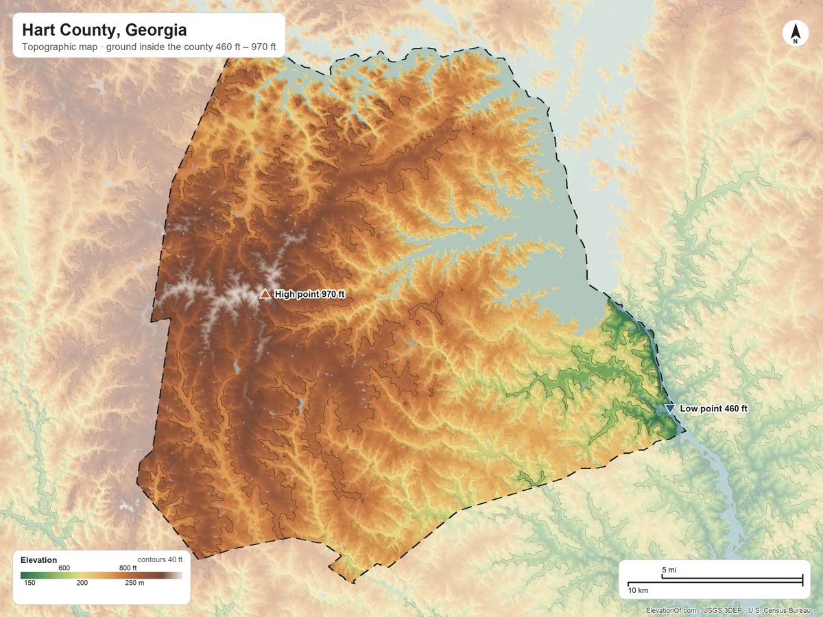 Topographic elevation map of Hart County, Georgia, shaded from 460 ft on the east side to 970 ft on the west side
