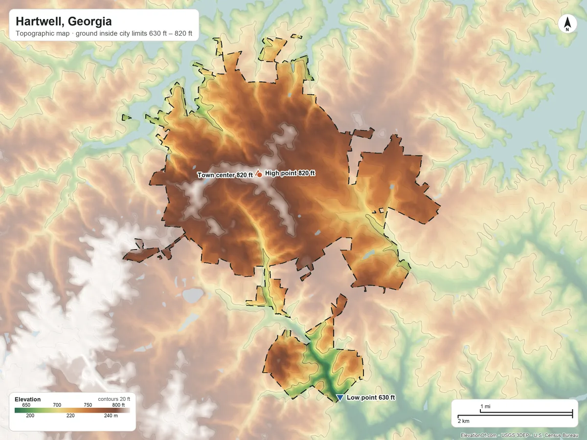 Topographic elevation map of Hartwell, Georgia, shaded from 630 ft on the south side to 820 ft near the middle