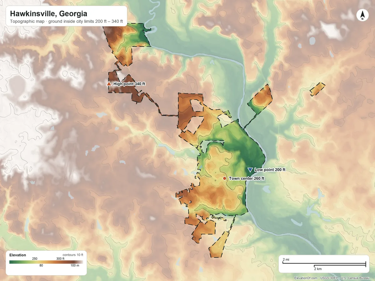 Topographic elevation map of Hawkinsville, Georgia, shaded from 200 ft near the middle to 340 ft on the northwest side