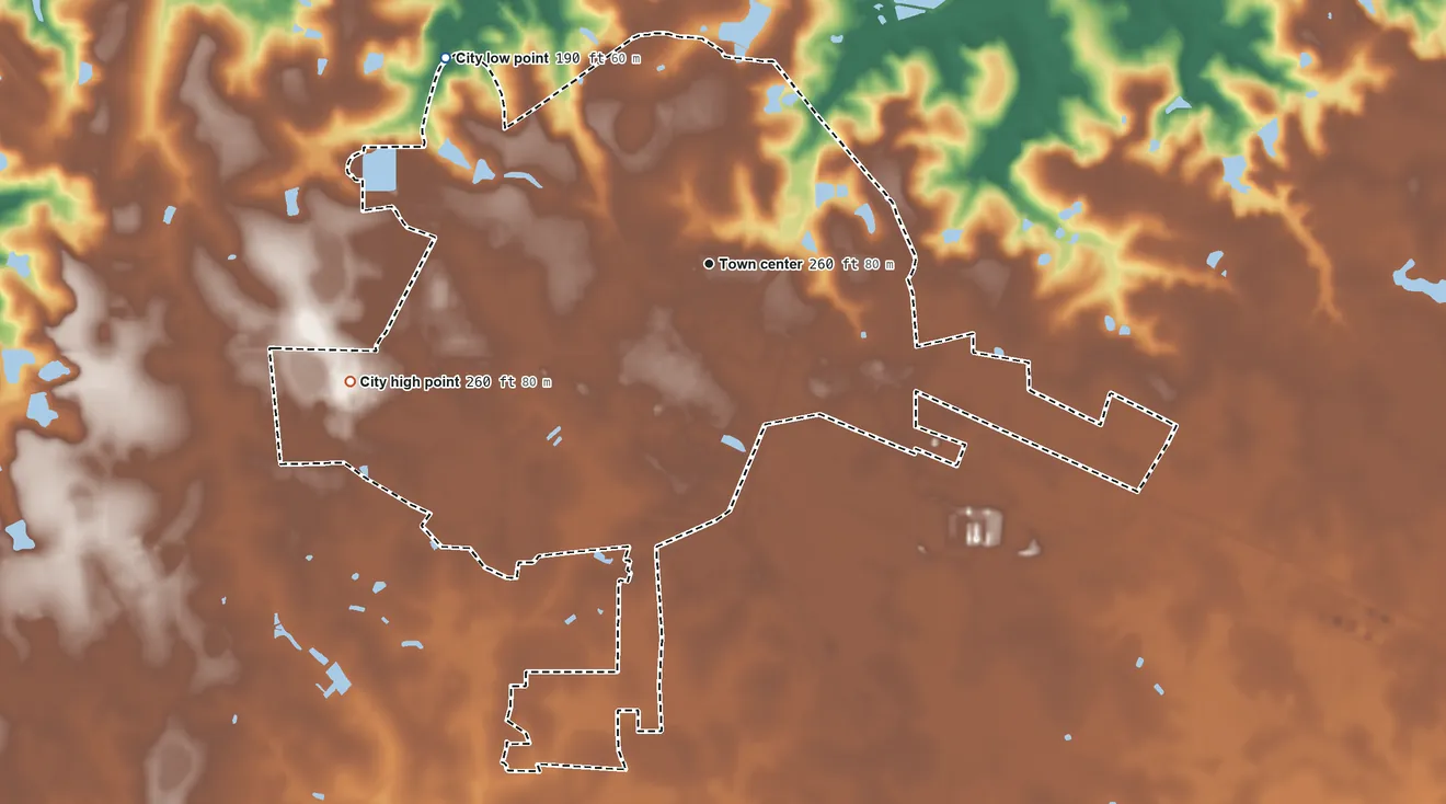 Topographic elevation map of Hazlehurst, Georgia, shaded from 190 ft on the northwest side to 260 ft on the west side
