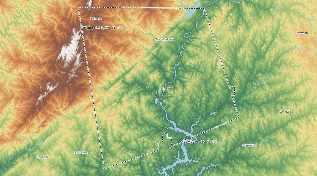 Topographic elevation map of Heard County, Georgia, shaded from 630 ft on the southeast side to 1,370 ft on the northwest side