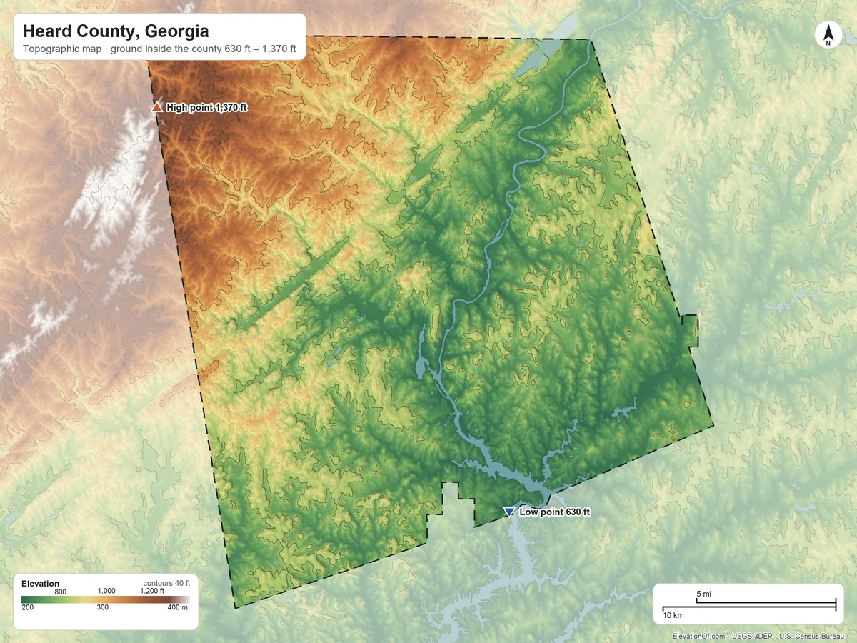 Topographic elevation map of Heard County, Georgia, shaded from 630 ft on the southeast side to 1,370 ft on the northwest side