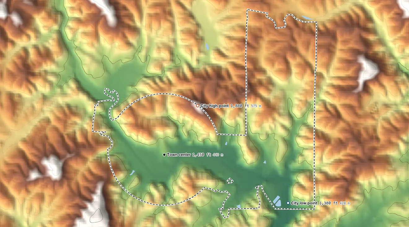 Topographic elevation map of Helen, Georgia, shaded from 1,380 ft on the east side to 1,880 ft at the foot of the Long Mountain