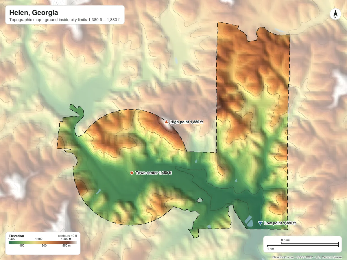 Topographic elevation map of Helen, Georgia, shaded from 1,380 ft on the east side to 1,880 ft at the foot of the Long Mountain