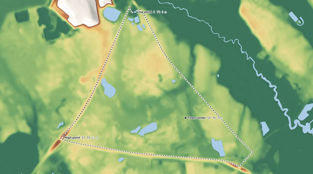 Topographic elevation map of Henderson, Georgia, shaded from 8 ft on the northwest side to 37 ft on the west side