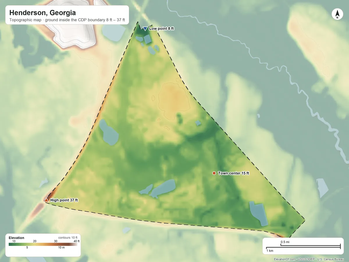Topographic elevation map of Henderson, Georgia, shaded from 8 ft on the northwest side to 37 ft on the west side