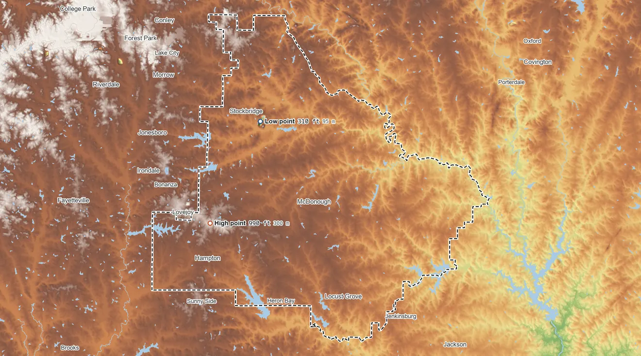 Topographic elevation map of Henry County, Georgia, shaded from 310 ft on the northwest side to 990 ft on the west side