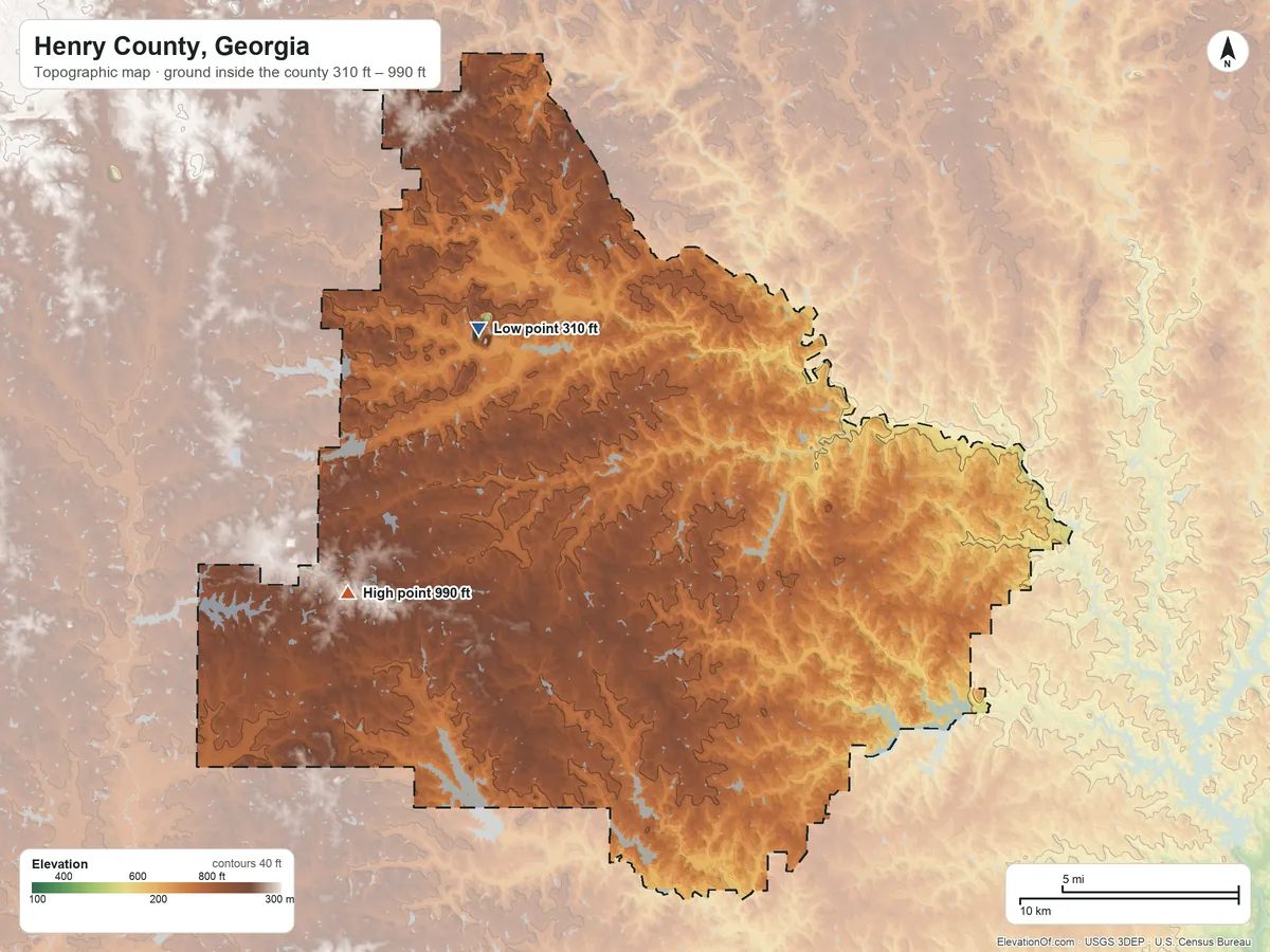 Topographic elevation map of Henry County, Georgia, shaded from 310 ft on the northwest side to 990 ft on the west side