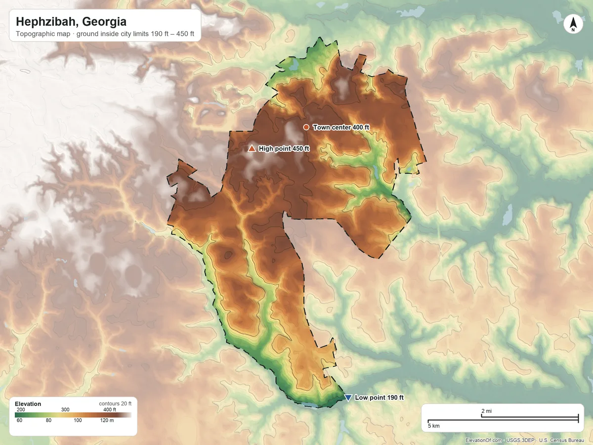 Topographic elevation map of Hephzibah, Georgia, shaded from 190 ft on the south side to 450 ft on the west side