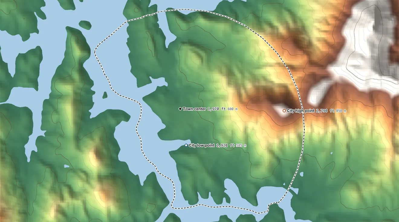 Topographic elevation map of Hiawassee, Georgia, shaded from 1,920 ft on the south side to 2,790 ft on the east edge, below higher ground just outside