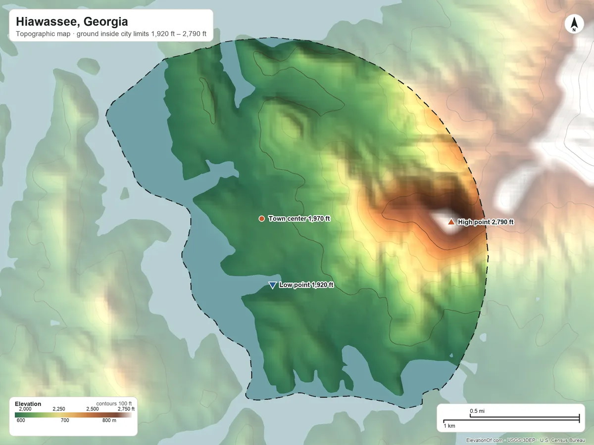 Topographic elevation map of Hiawassee, Georgia, shaded from 1,920 ft on the south side to 2,790 ft on the east edge, below higher ground just outside