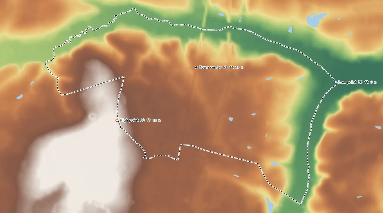 Topographic elevation map of Hickox, Georgia, shaded from 28 ft on the east side to 80 ft on the southwest side