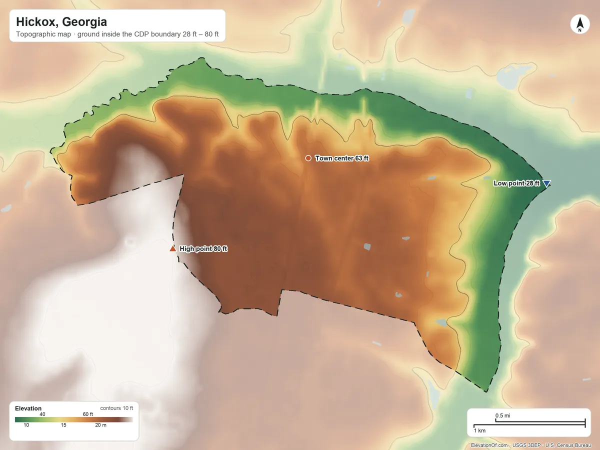Topographic elevation map of Hickox, Georgia, shaded from 28 ft on the east side to 80 ft on the southwest side