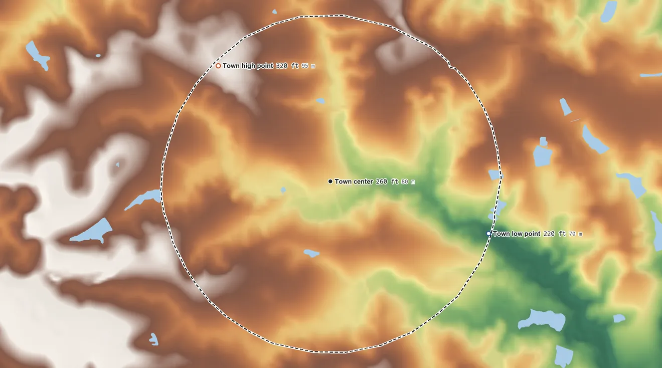 Topographic elevation map of Higgston, Georgia, shaded from 220 ft on the east side to 320 ft on the northwest side