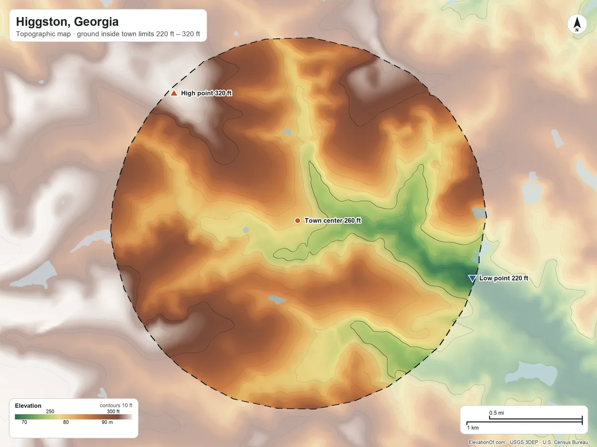 Topographic elevation map of Higgston, Georgia, shaded from 220 ft on the east side to 320 ft on the northwest side