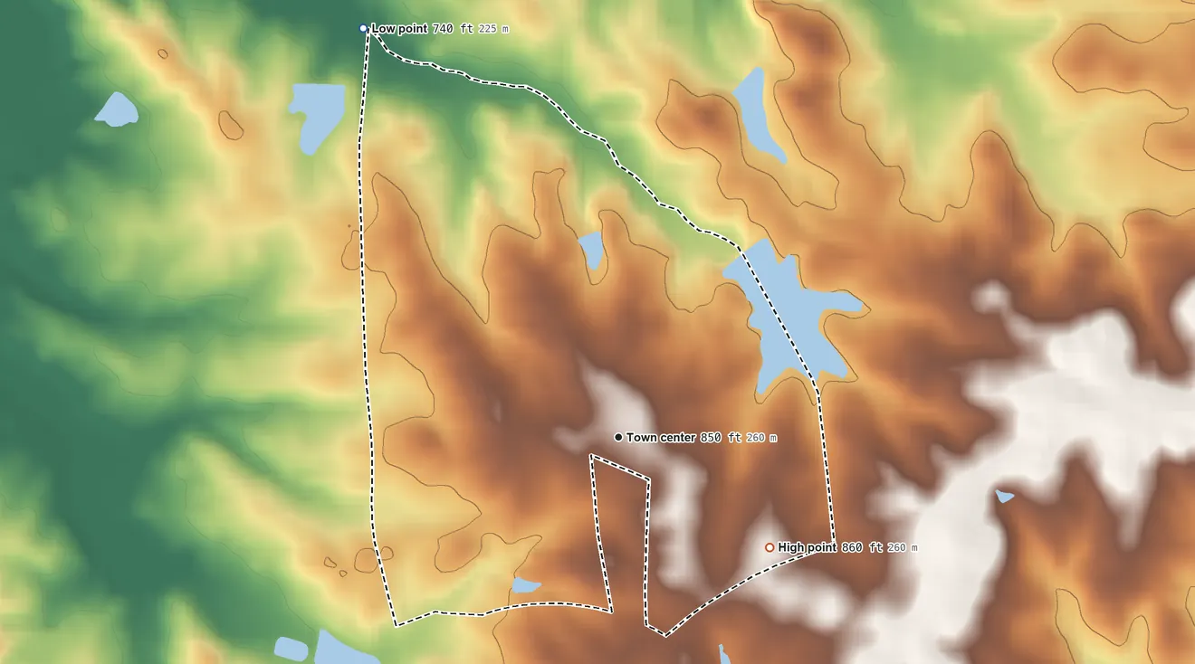 Topographic elevation map of Hilltop, Georgia, shaded from 740 ft on the northwest side to 860 ft on the southeast side