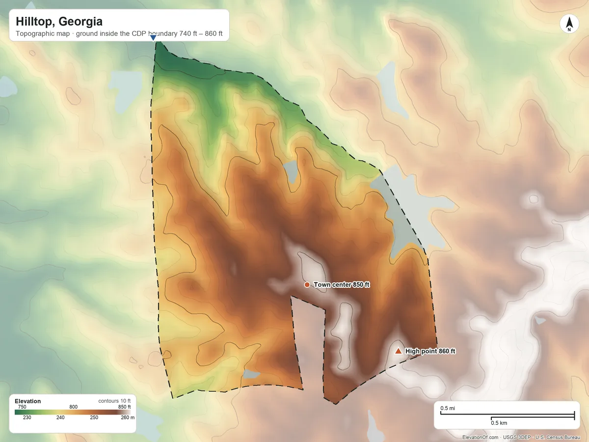 Topographic elevation map of Hilltop, Georgia, shaded from 740 ft on the northwest side to 860 ft on the southeast side