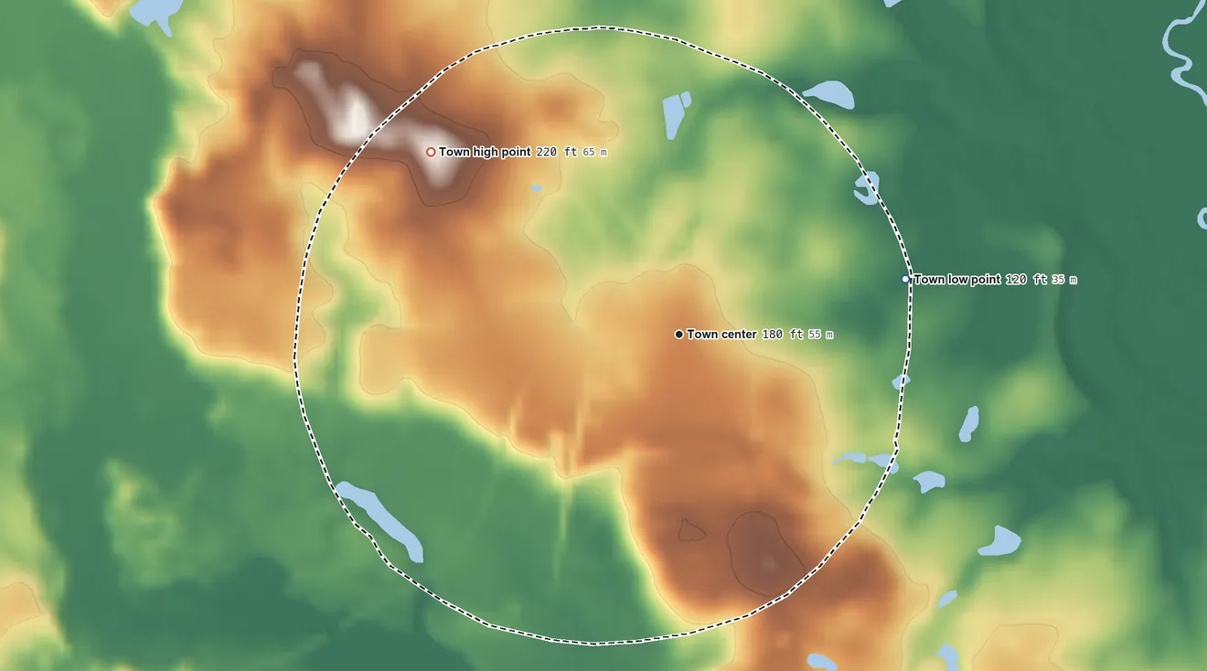 Topographic elevation map of Hiltonia, Georgia, shaded from 120 ft on the east side to 220 ft on the northwest side
