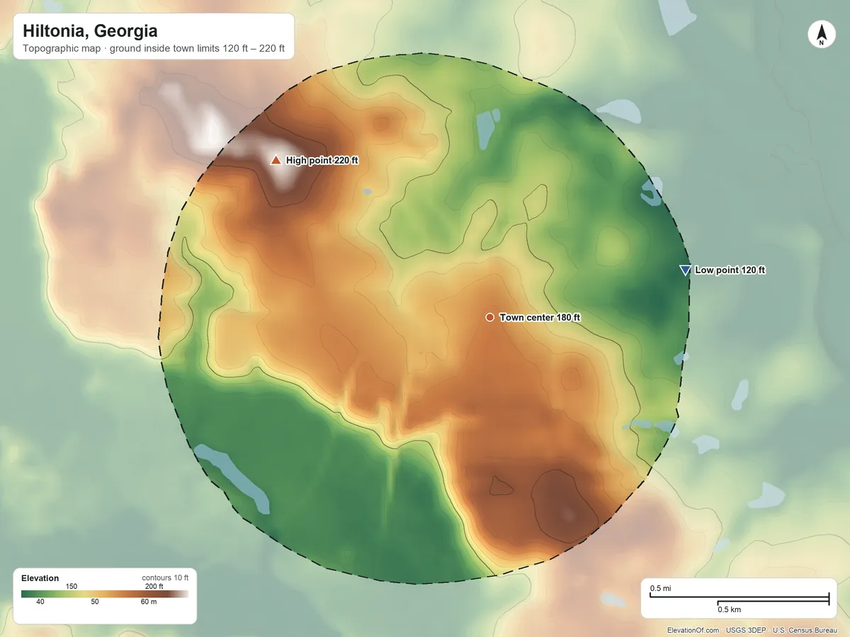 Topographic elevation map of Hiltonia, Georgia, shaded from 120 ft on the east side to 220 ft on the northwest side