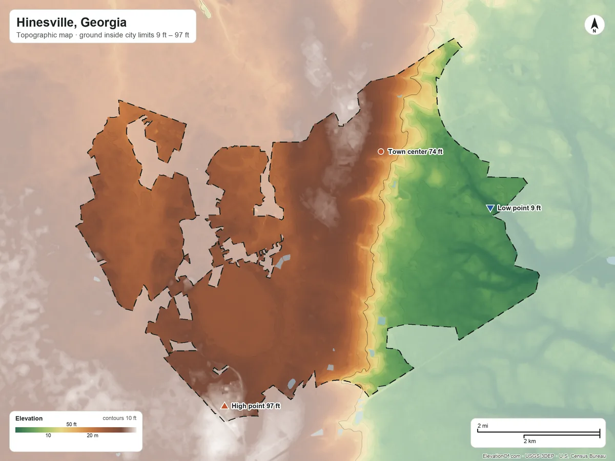 Topographic elevation map of Hinesville, Georgia, shaded from 9 ft on the southeast side to 97 ft on the southwest side