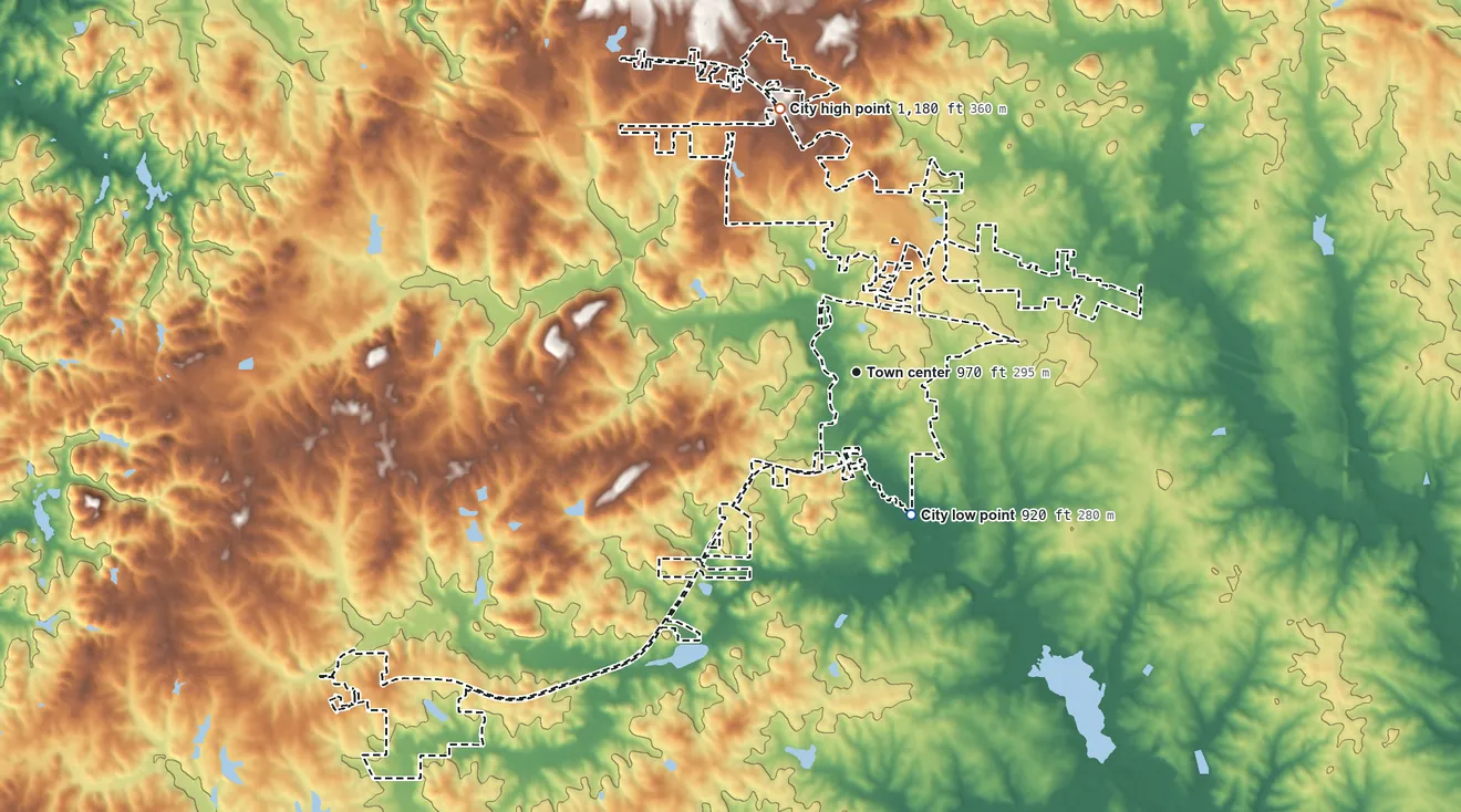 Topographic elevation map of Hiram, Georgia, shaded from 920 ft on the south side to 1,180 ft on the north side
