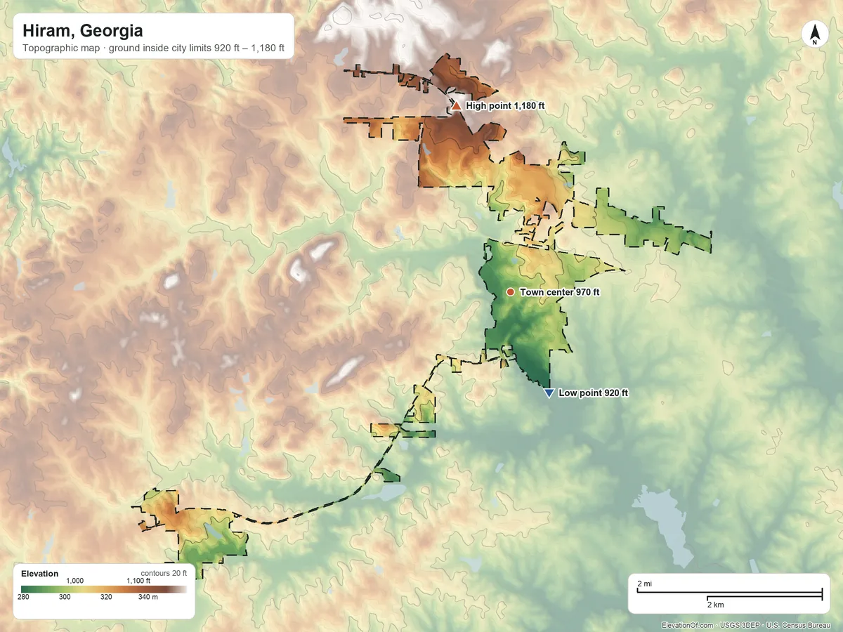 Topographic elevation map of Hiram, Georgia, shaded from 920 ft on the south side to 1,180 ft on the north side