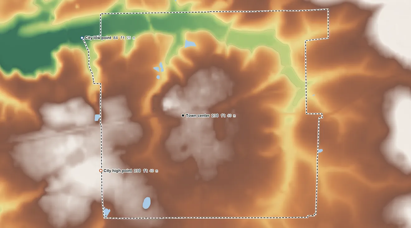 Topographic elevation map of Hoboken, Georgia, shaded from 84 ft on the northwest side to 130 ft on the southwest side