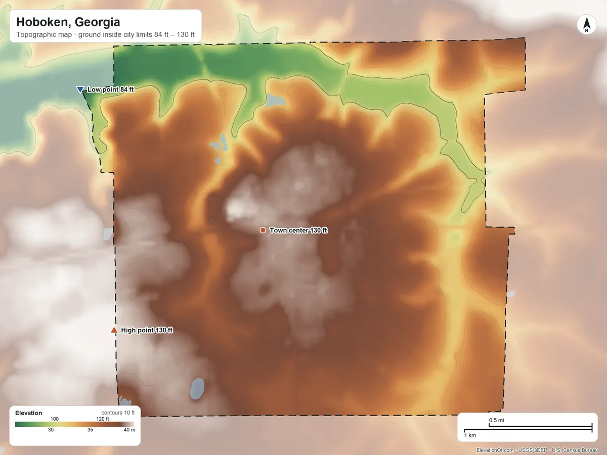 Topographic elevation map of Hoboken, Georgia, shaded from 84 ft on the northwest side to 130 ft on the southwest side