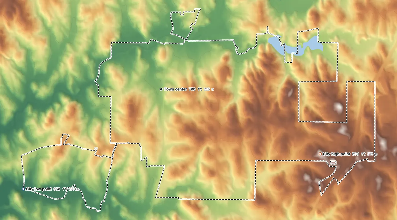 Topographic elevation map of Hogansville, Georgia, shaded from 660 ft on the southwest side to 890 ft on the east side