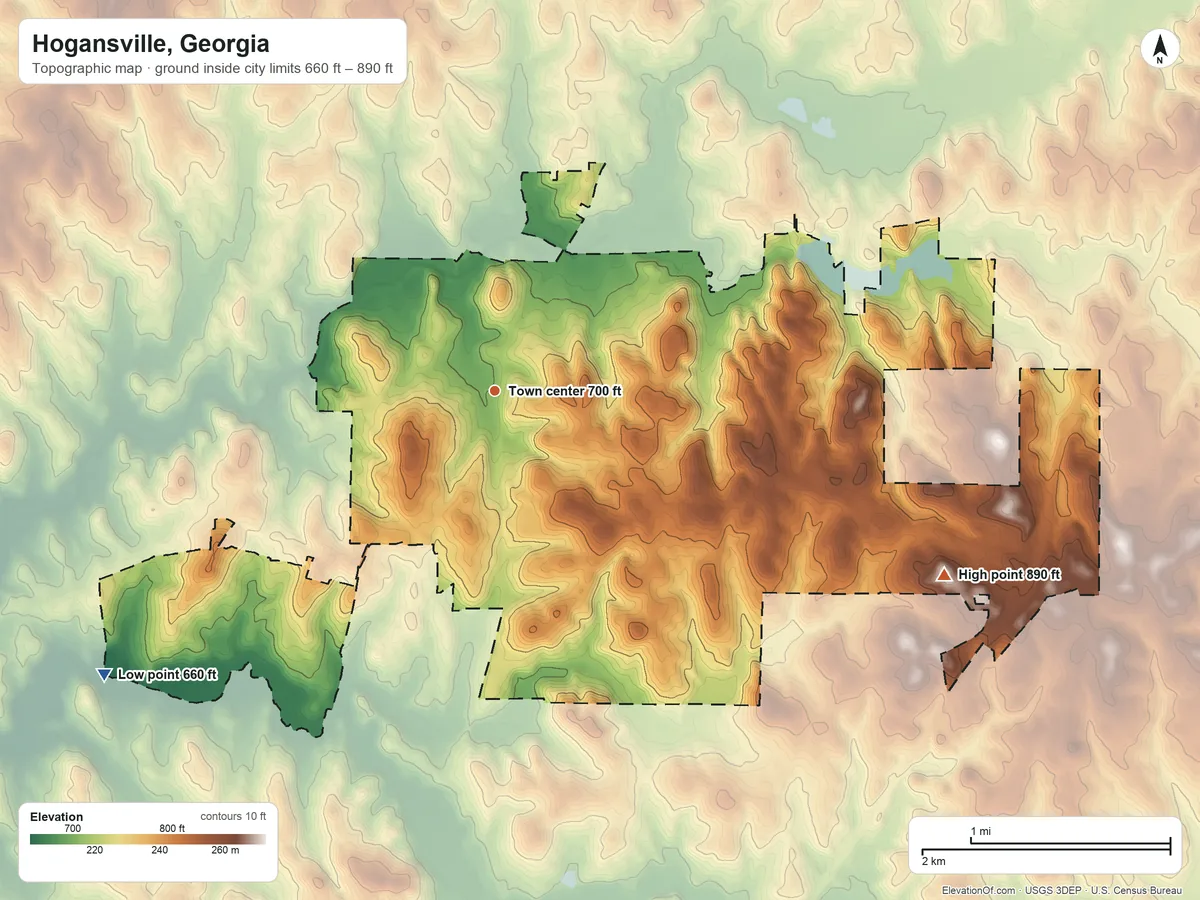 Topographic elevation map of Hogansville, Georgia, shaded from 660 ft on the southwest side to 890 ft on the east side