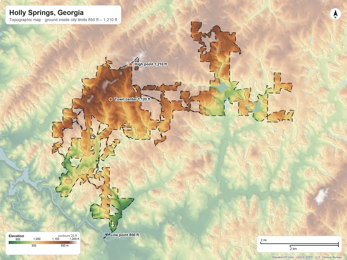 Topographic elevation map of Holly Springs, Georgia, shaded from 850 ft on the south side to 1,210 ft on the northeast side