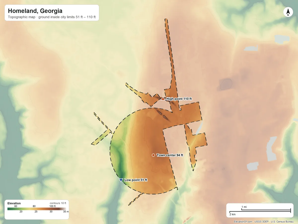 Topographic elevation map of Homeland, Georgia, shaded from 51 ft on the southwest side to 110 ft on the north side