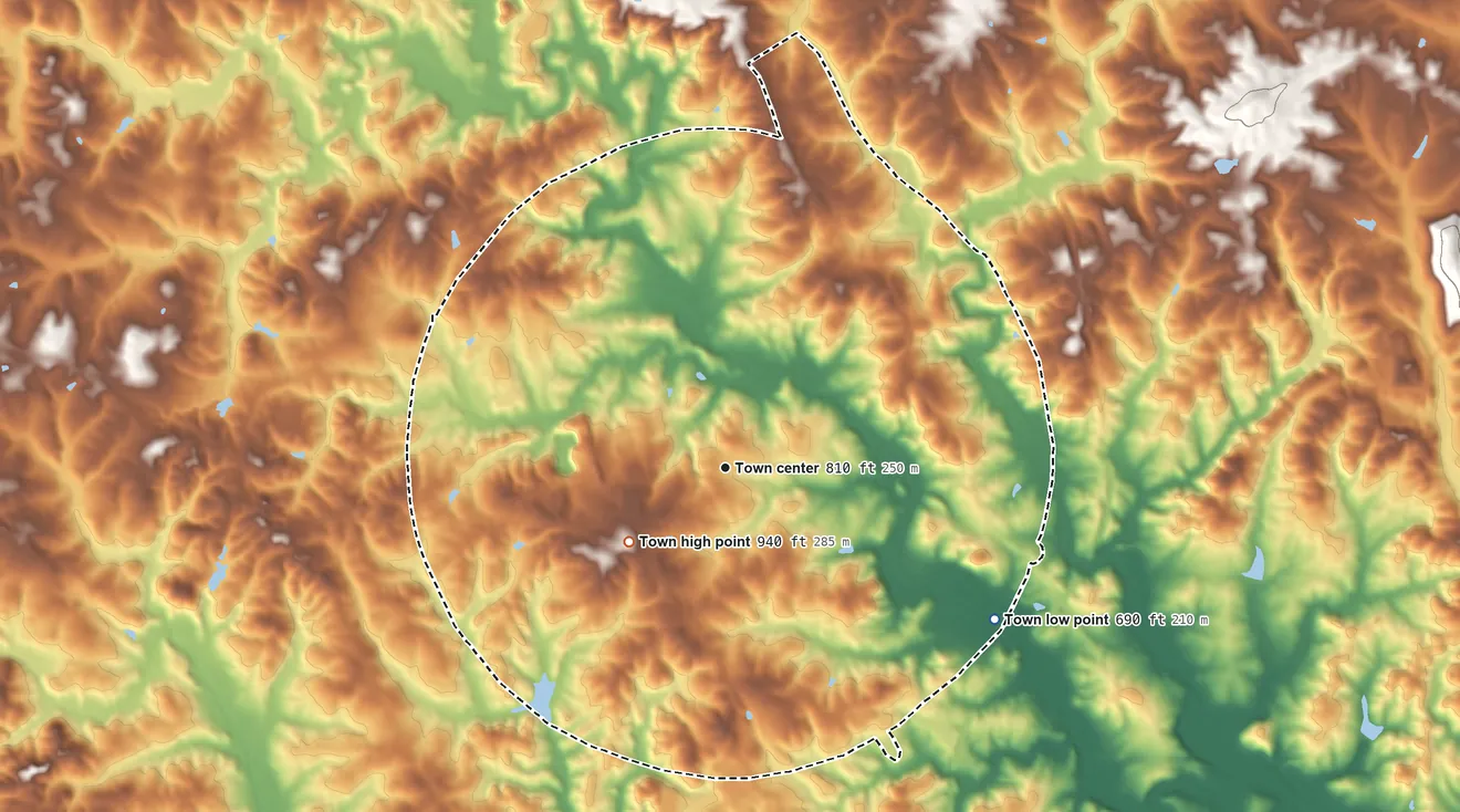 Topographic elevation map of Homer, Georgia, shaded from 690 ft on the southeast side to 940 ft on the southwest side
