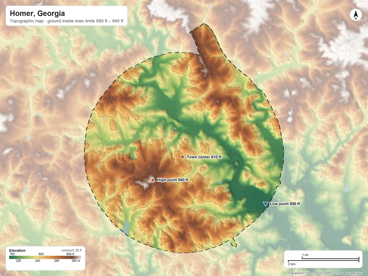 Topographic elevation map of Homer, Georgia, shaded from 690 ft on the southeast side to 940 ft on the southwest side