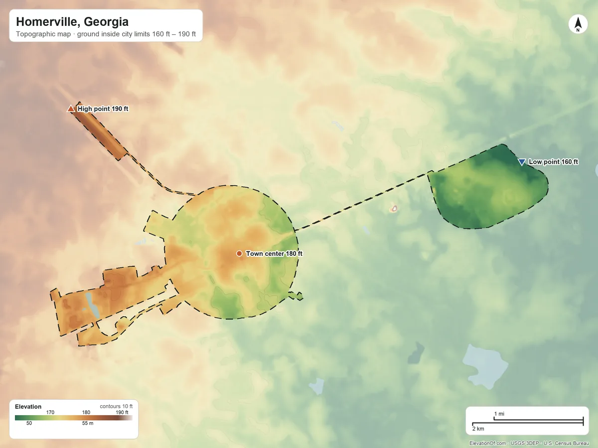 Topographic elevation map of Homerville, Georgia, shaded from 160 ft on the east side to 190 ft on the northwest side
