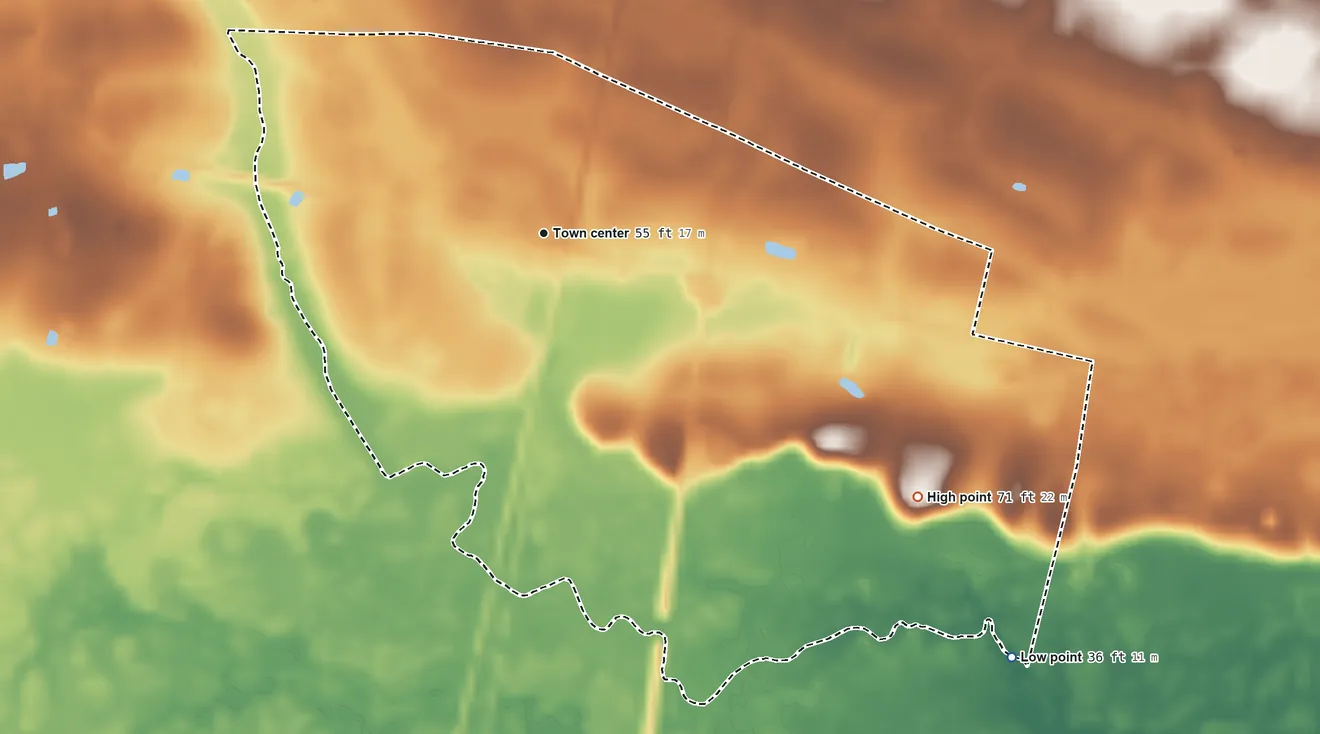 Topographic elevation map of Hortense, Georgia, shaded from 36 ft on the southeast side to 71 ft on the southeast side