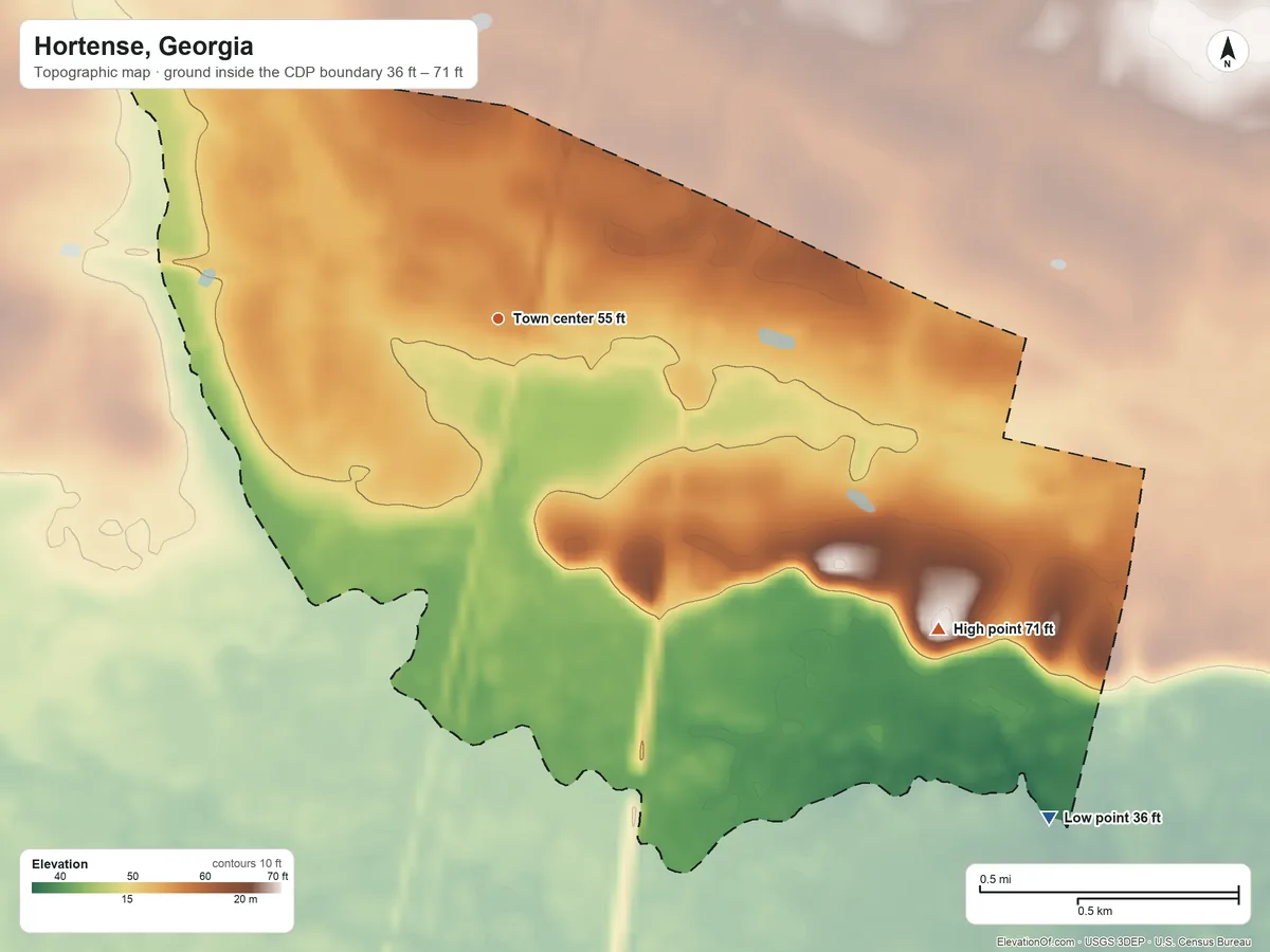 Topographic elevation map of Hortense, Georgia, shaded from 36 ft on the southeast side to 71 ft on the southeast side