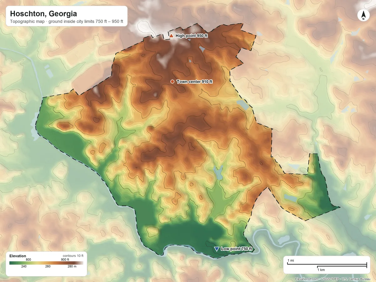 Topographic elevation map of Hoschton, Georgia, shaded from 750 ft on the south side to 950 ft on the north side
