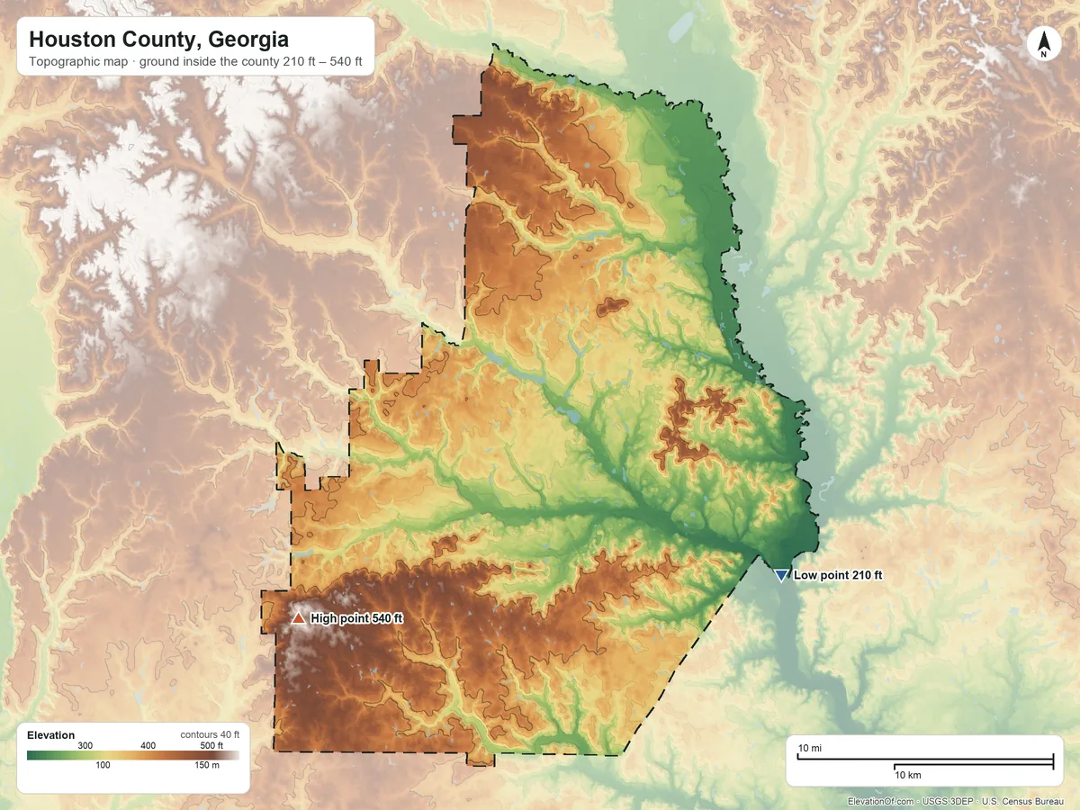 Topographic elevation map of Houston County, Georgia, shaded from 210 ft on the southeast side to 540 ft on the southwest side