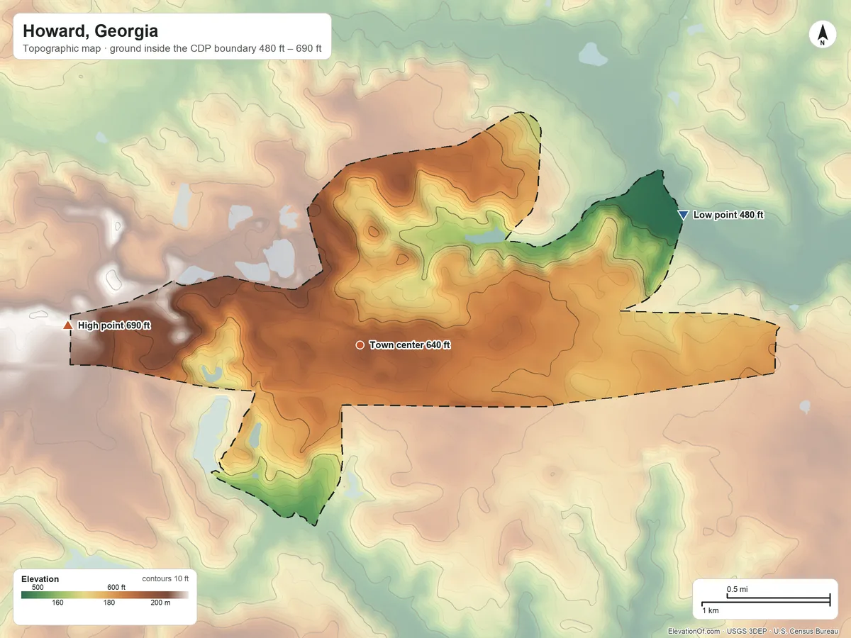 Topographic elevation map of Howard, Georgia, shaded from 480 ft on the east side to 690 ft on the west side