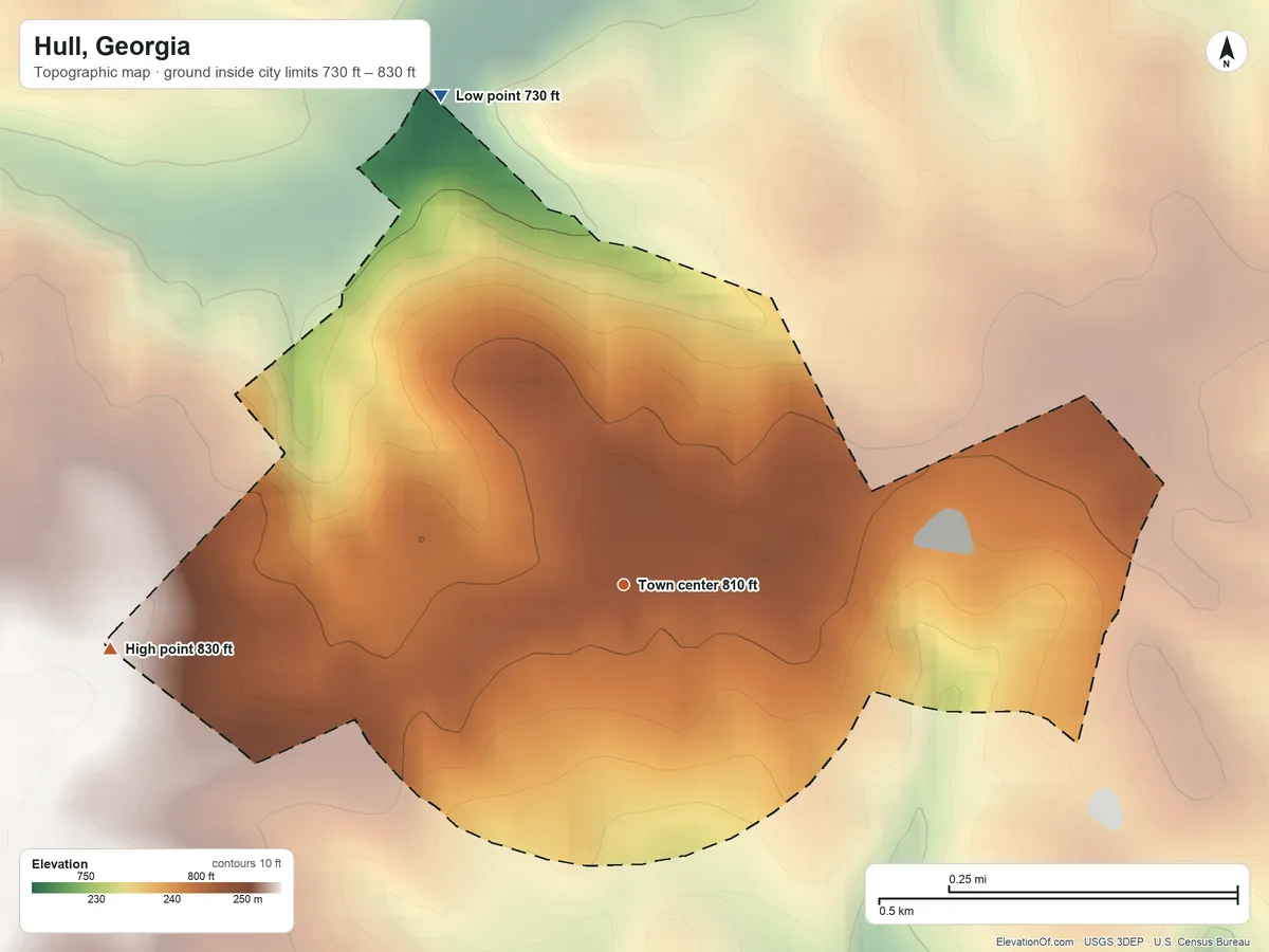 Topographic elevation map of Hull, Georgia, shaded from 730 ft on the north side to 830 ft on the west side