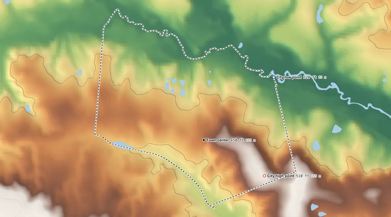 Topographic elevation map of Ideal, Georgia, shaded from 320 ft on the northeast side to 510 ft on the southeast side